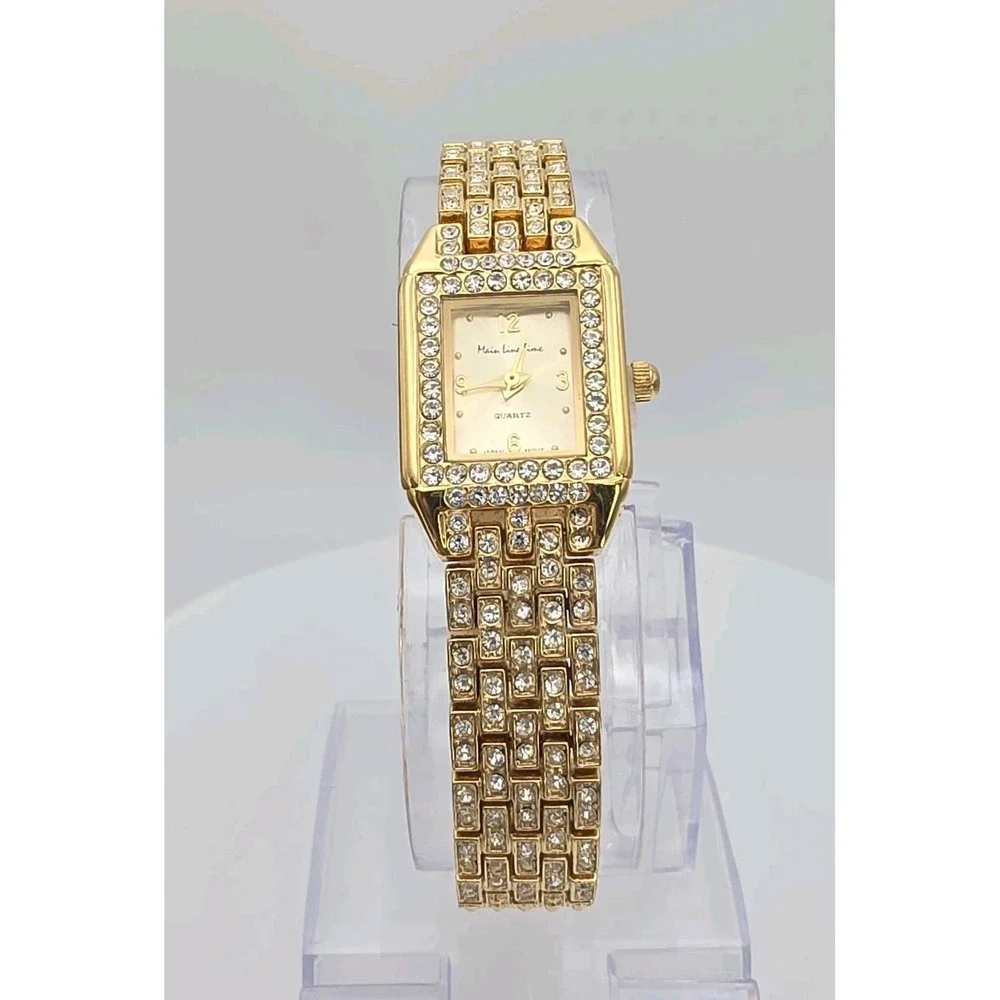 Vtg MAIN LINE TIME Watch Ladies Womens Crystal Encrusted Gold Plate 7